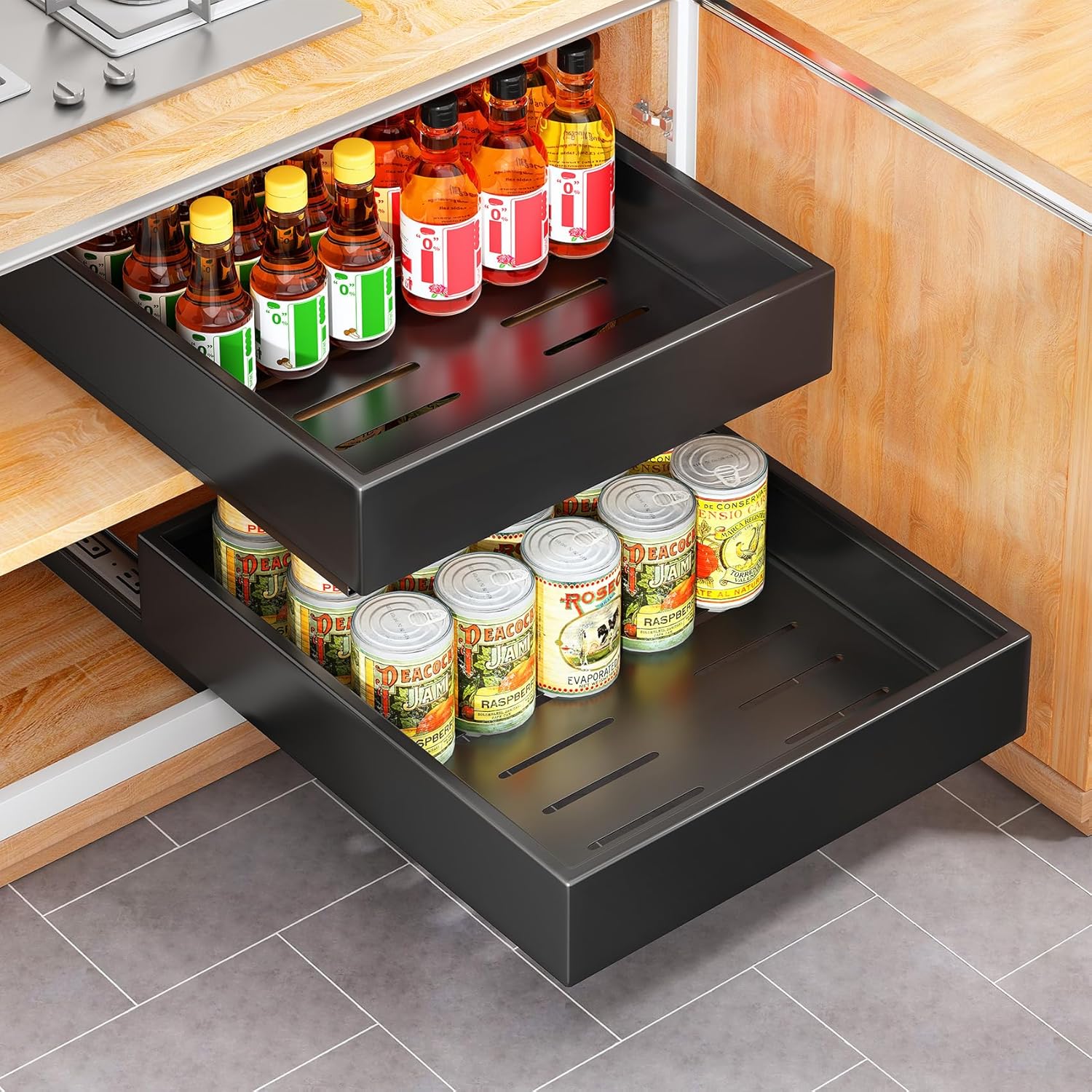 Skiennix Pull-Out Cabinet Organizer - 21" Deep Heavy-Duty Slide-Out Drawers for Kitchen & Bathroom - Black