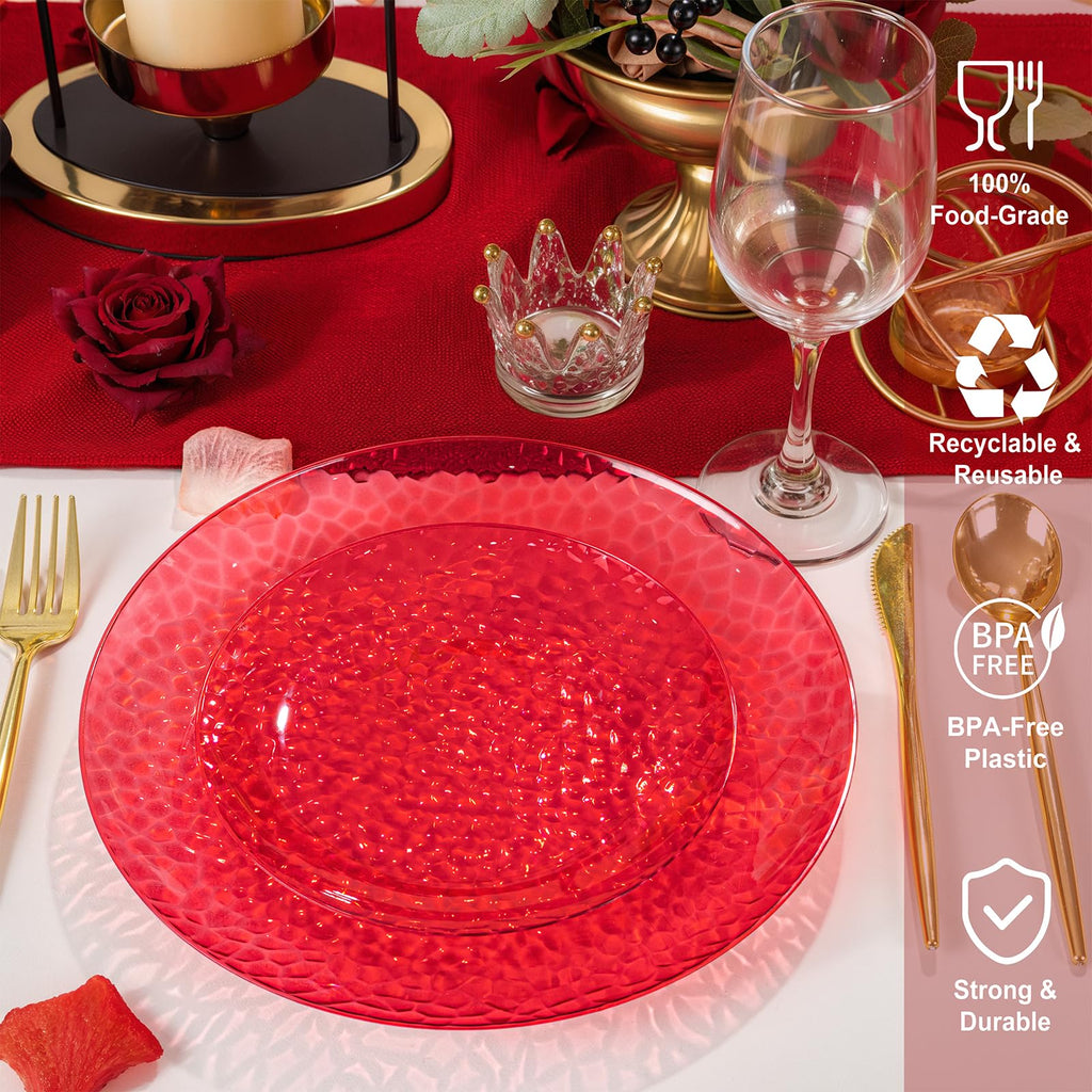 Rubtlamp 60Pcs Red Plastic Plates, Heavy Duty Clear Red Disposable Plates, Fancy Hammered Plastic plates Include 30 Dessert Platos, 30 Dinner Platos for Party Mother's Day