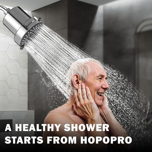 Filtered Shower Head with 5 Modes, HOPOPRO High Pressure Showerhead with Filter, 2-In-1 Fixed Showerhead Filter for Hard Water, Remove 99% Chlorine, Improves Skin Hair Condition (4 Inch Silver)