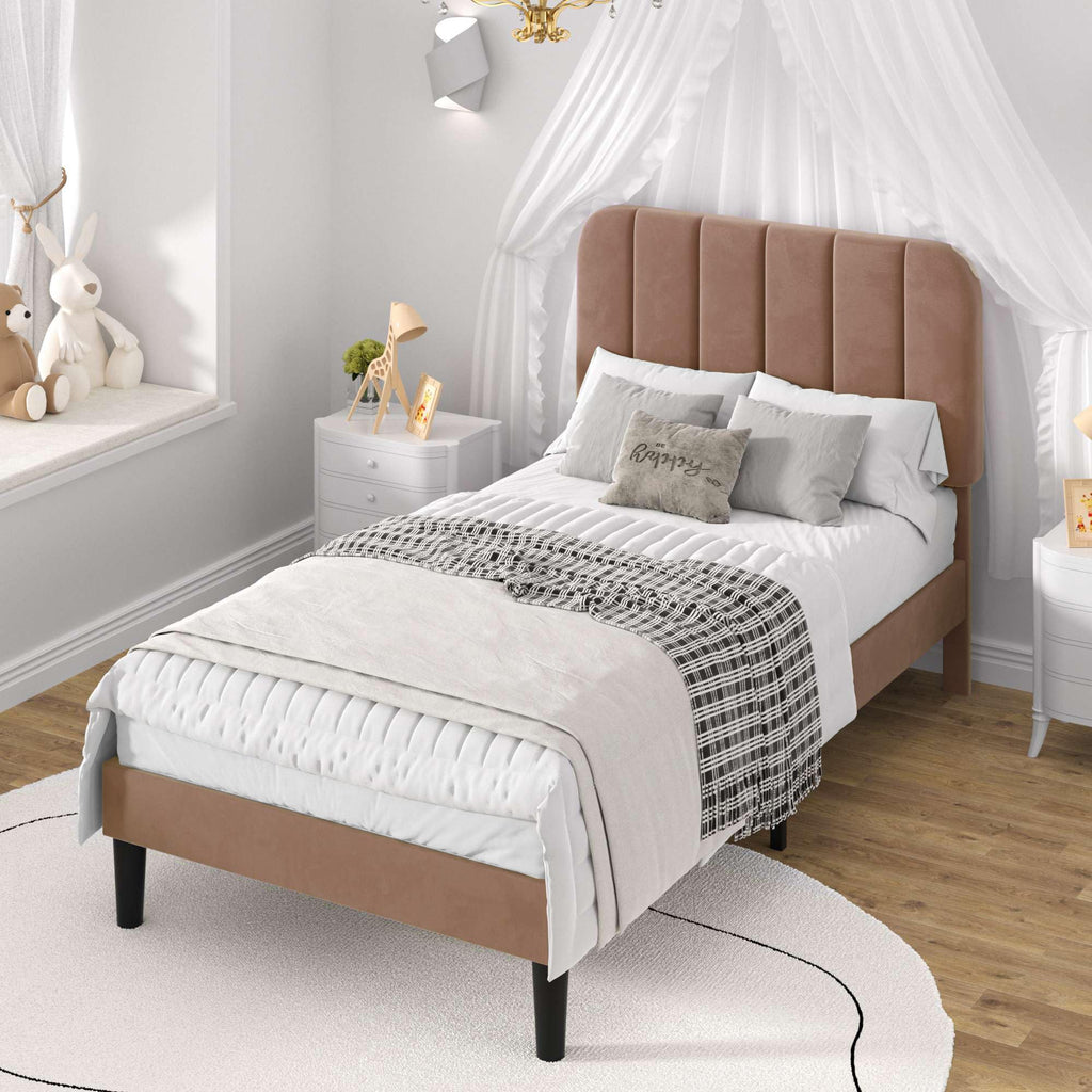 VECELO Twin Size Bed Frame with Upholstered Headboard, Velvet Platform Bedframe Mattress Foundation, Strong Wood Slat Support, No Box Spring Needed,Warm Brown