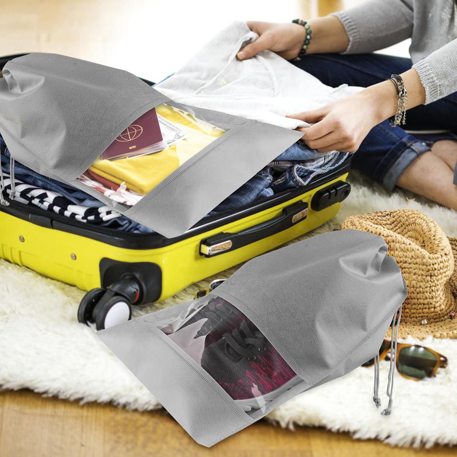 Skiennix Travel Shoe Bags - 5 Large Non-Woven Drawstring Storage Bags with Clear Window | Gray (12.6" X 17.3")