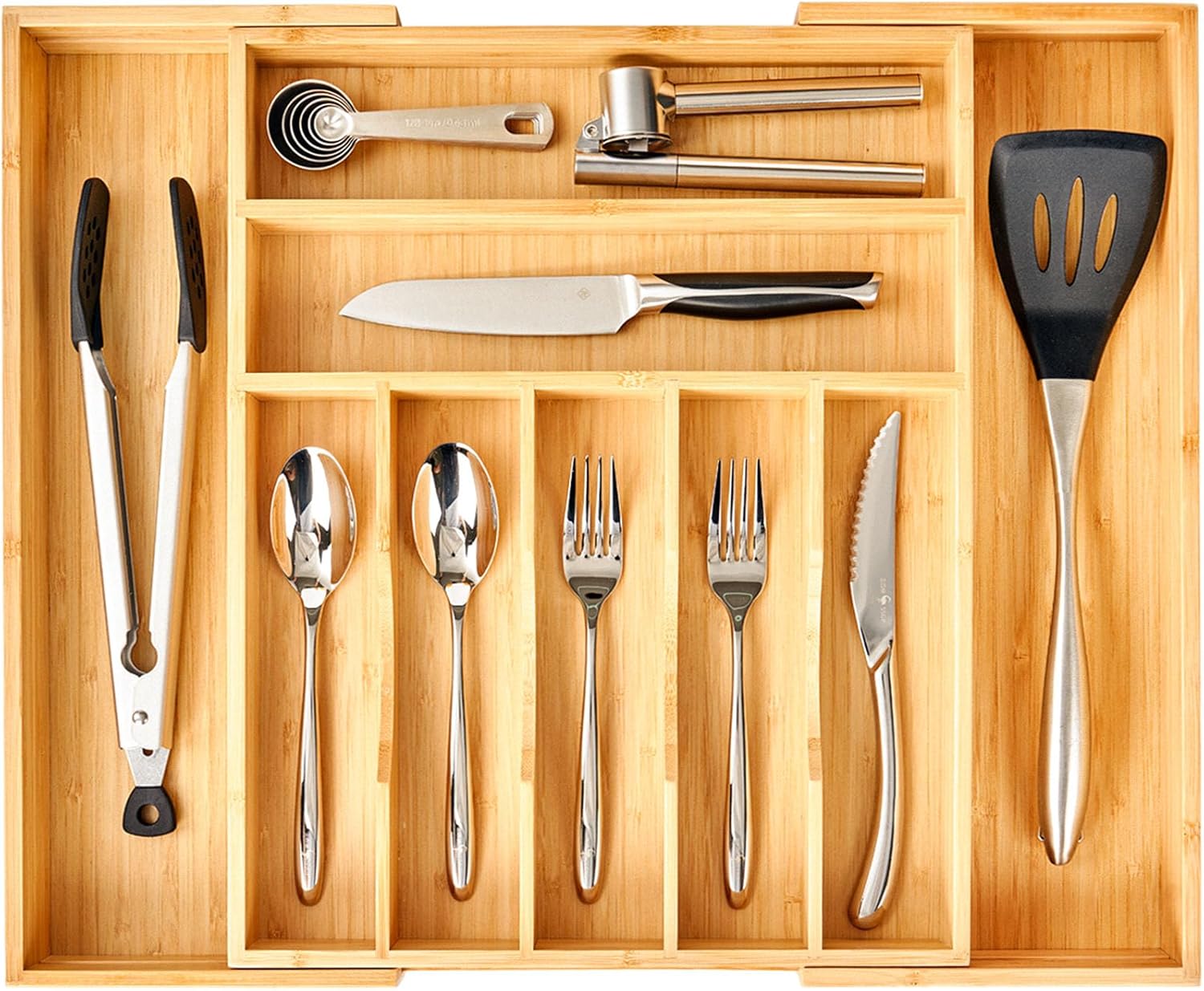Umilife Kitchen Silverware Organizer - Large Expandable Bamboo Utensil Tray with Adjustable Divider