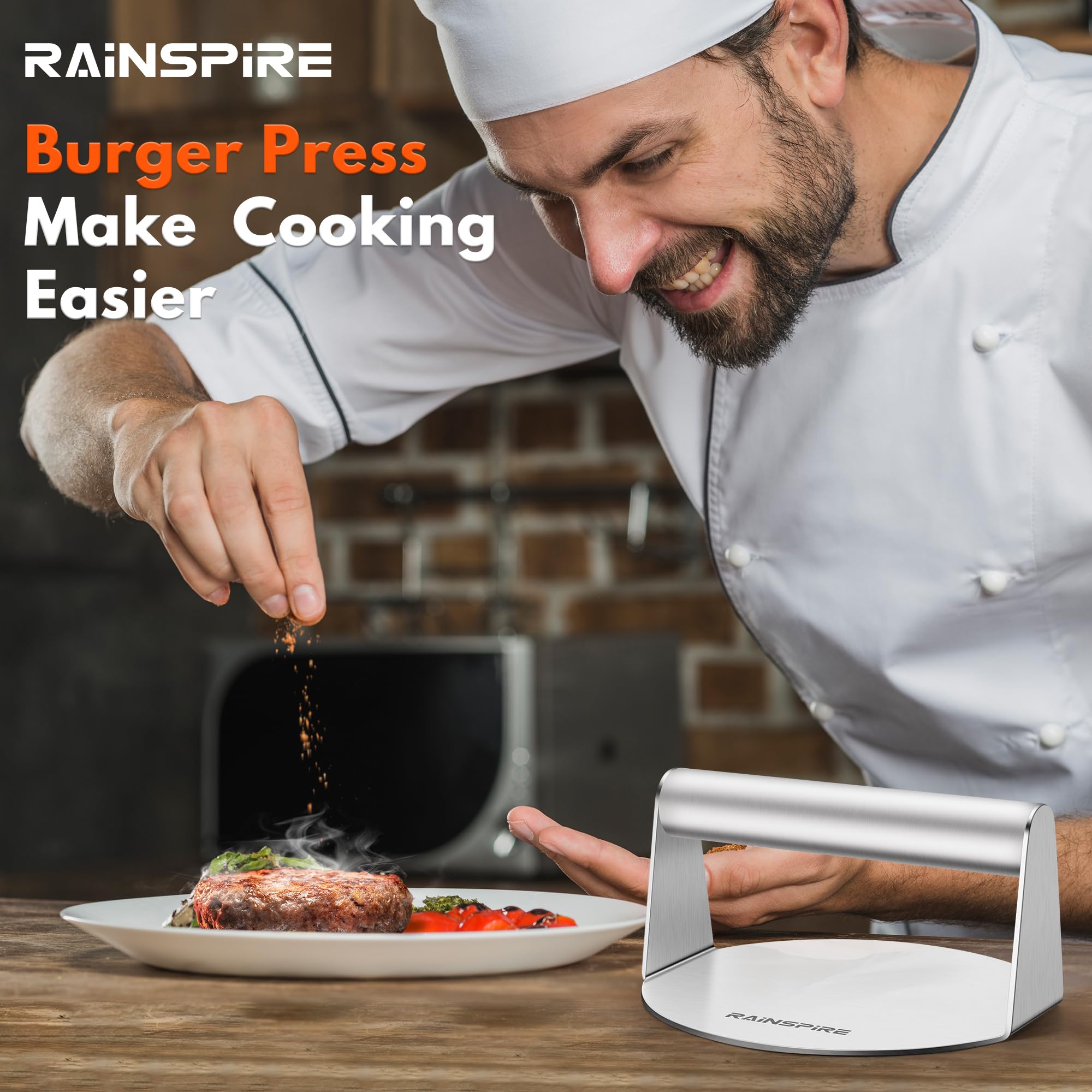 Rainspire Upgraded 304 Stainless Steel Smash Burger Press 5.5 inch Burger Smasher Hamburger Smasher Tool for Griddle, Perfect for BBQ Grill Cooking Gifts for Chef, Silver (6 inch)