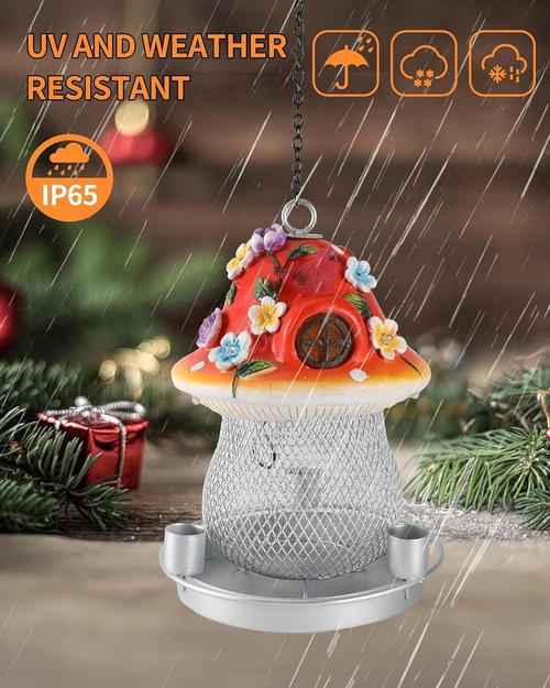 iStatue Solar Bird Feeder - 9.5'' Large Hummingbird Feeder with Resin Mushroom & Cardinal Flowers | Outdoor Garden Decor (Red)