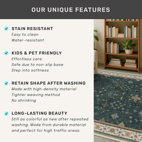 Dark Green Kitchen Rug - Modern Vintage Boho Floral Design, Washable Non-Slip Runner for Entryway | 2x5 Feet