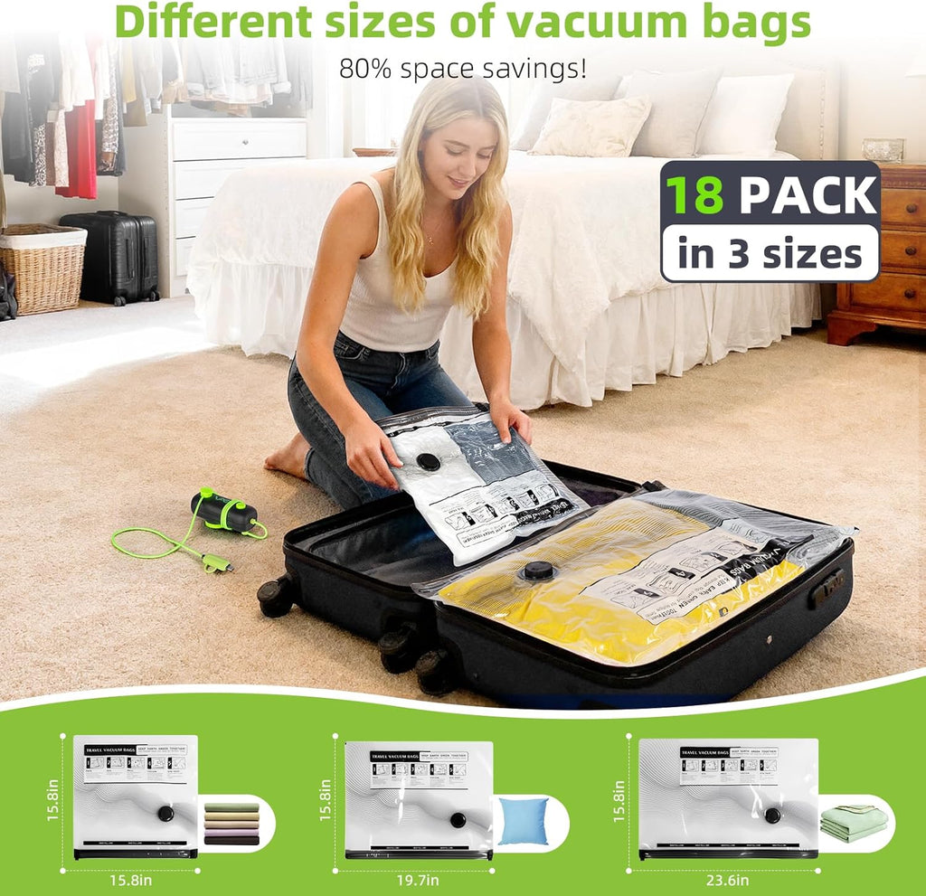 Skiennix Vacuum Bags for Travel - 18 Pack USB Electric Pump Seal Bags | Space Saver for Luggage