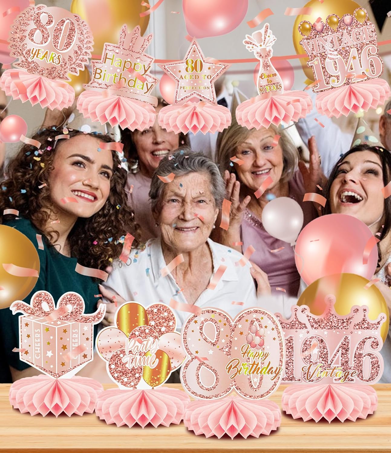 Skiennix 80th Birthday Decorations - Elegant Rose Gold Honeycomb Centerpieces | 9 Pcs Table Toppers for Women
