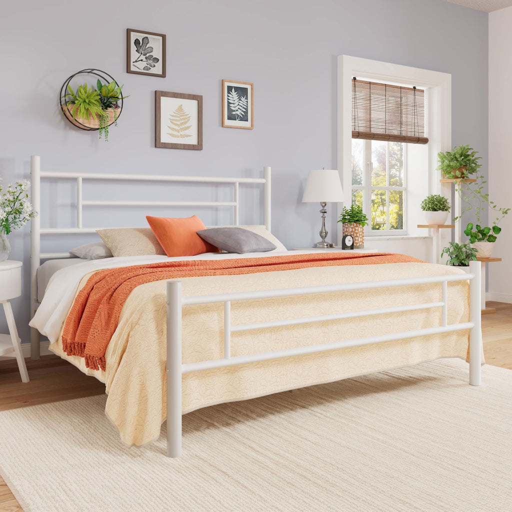 Allewie 14 Inch Queen Size Metal Platform Bed Frame with Headboard and Footboard, Underbed Storage, Strong Metal Slats Support, Mattress Foundation, No Box Spring Needed, Easy Assembly, White