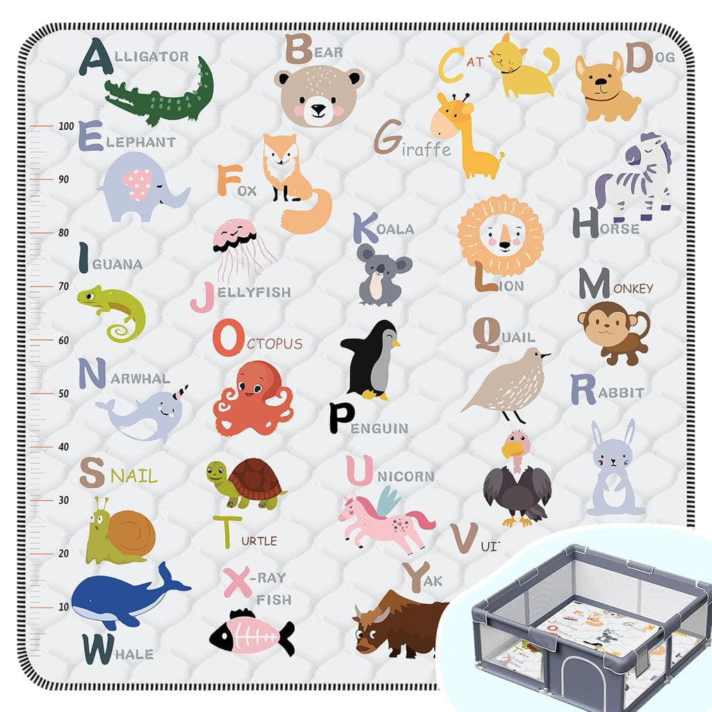Skiennix Baby Play Mat - Thick Soft Non-Slip Crawling Mat | 50" x 50" Machine Washable, Animal Alphabet-A