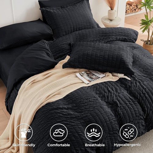HYMOKEGE King Size Comforter Set - Luxury 7-Piece Seersucker Bedding in Black for All Seasons