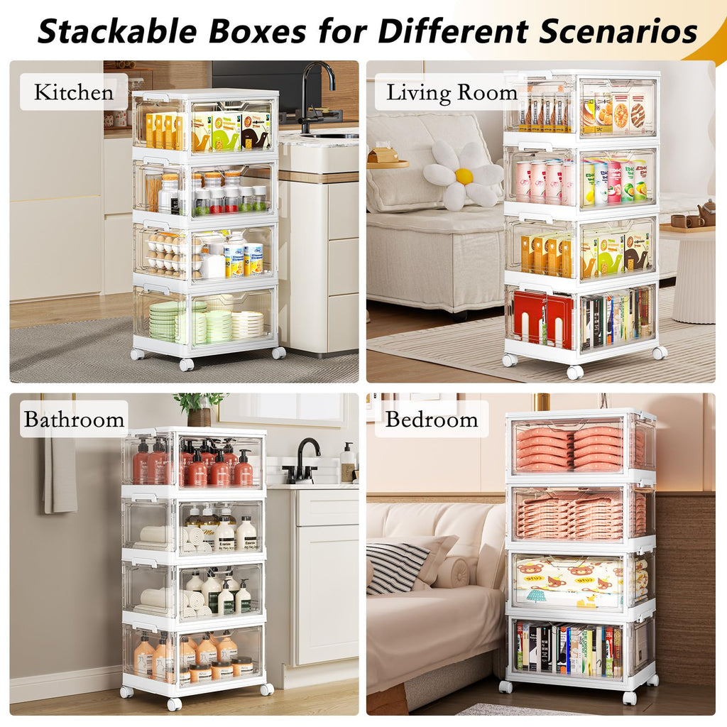 SNSLXH Portable Clear Storage Bins with Lid & Wheels, 24QT Clear Storage Bins with Lid, 4-Tier Plastic Bins with Wheels, Stackable, Magnetic Doors, for Bedroom, Living Room, Office