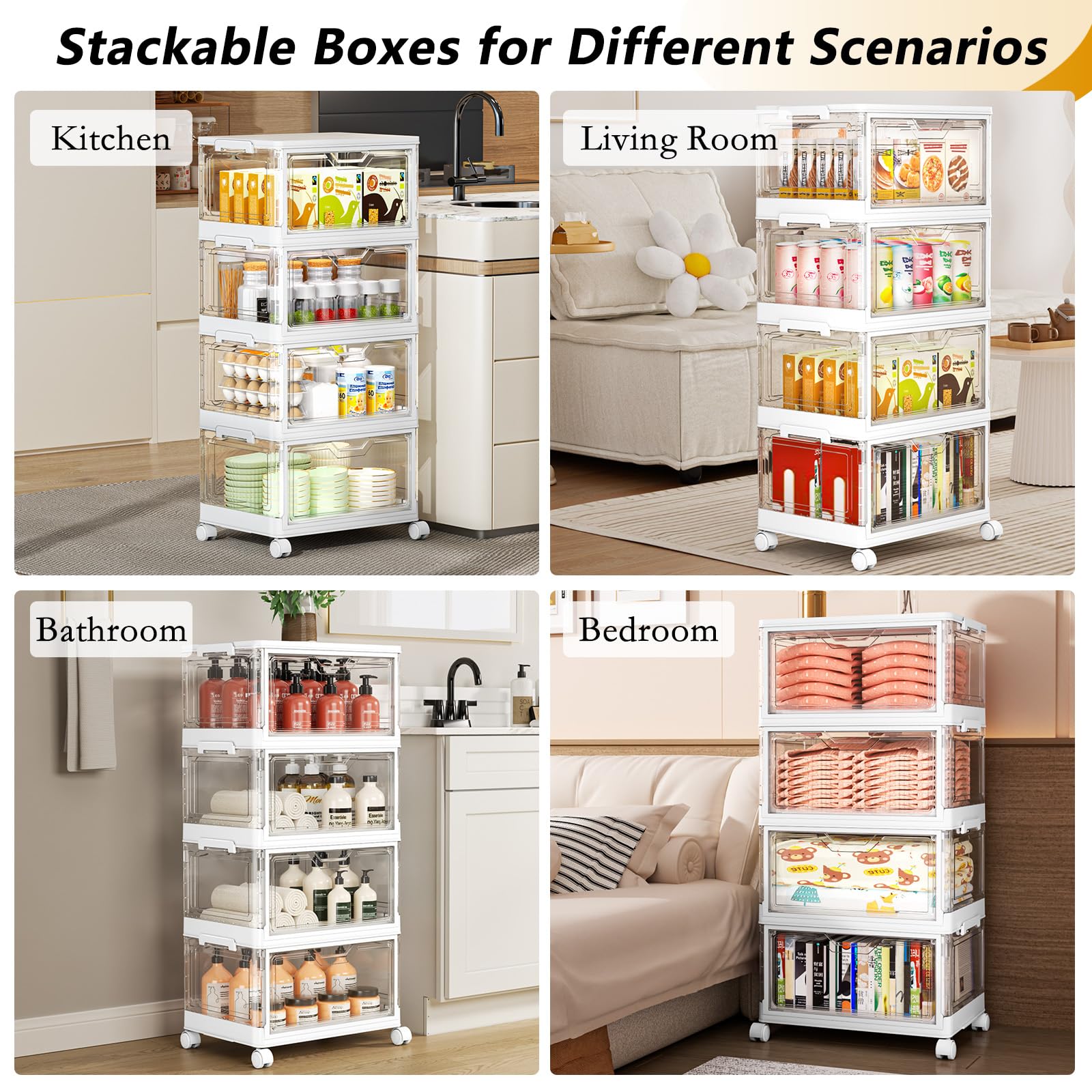 SNSLXH Portable Clear Storage Bins with Lid & Wheels, 24QT Clear Storage Bins with Lid, 4-Tier Plastic Bins with Wheels, Stackable, Magnetic Doors, for Bedroom, Living Room, Office