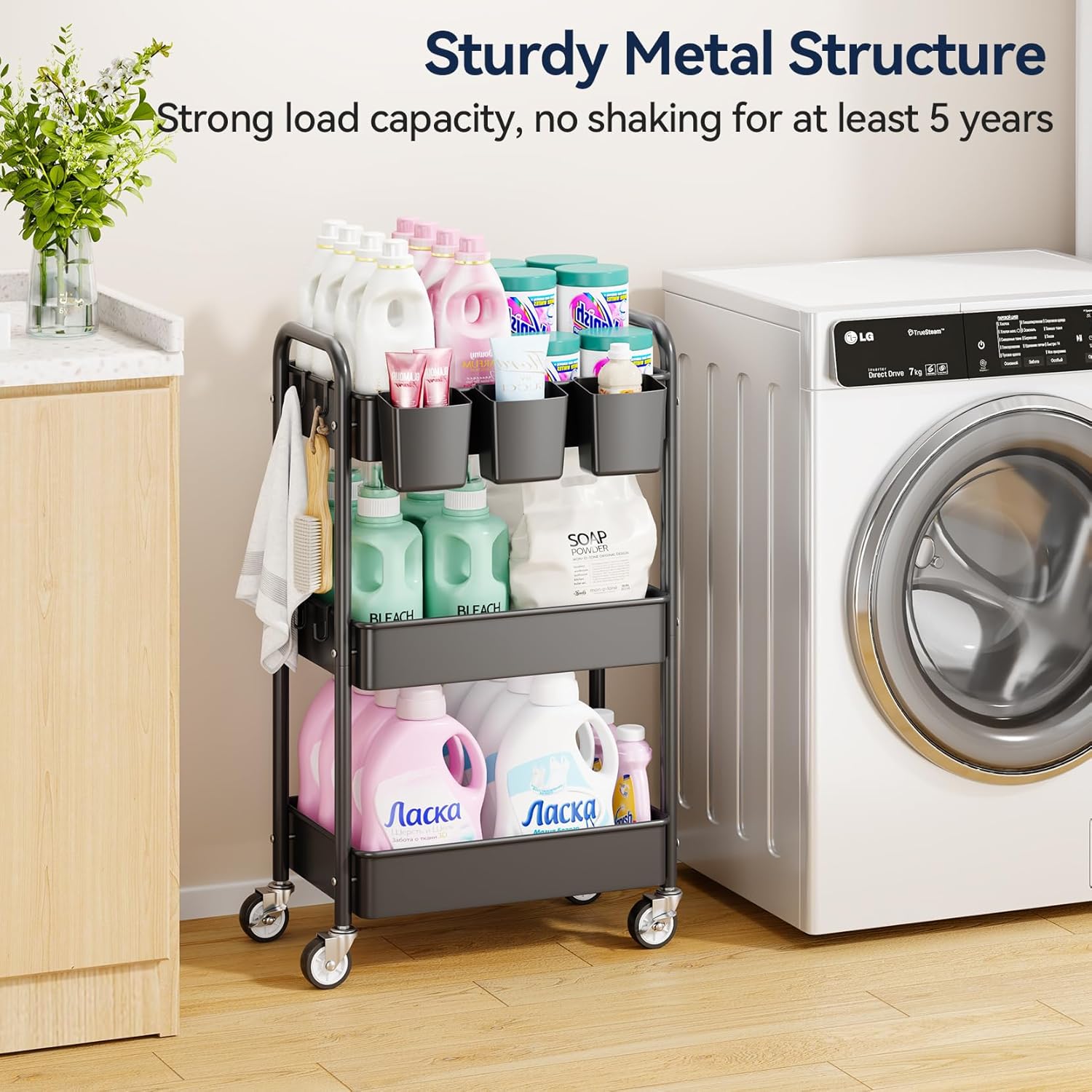 YASONIC 3-Tier Rolling Cart - Heavy-Duty Metal Utility Cart with Wheels & Hooks | Versatile Storage for Kitchen & Office