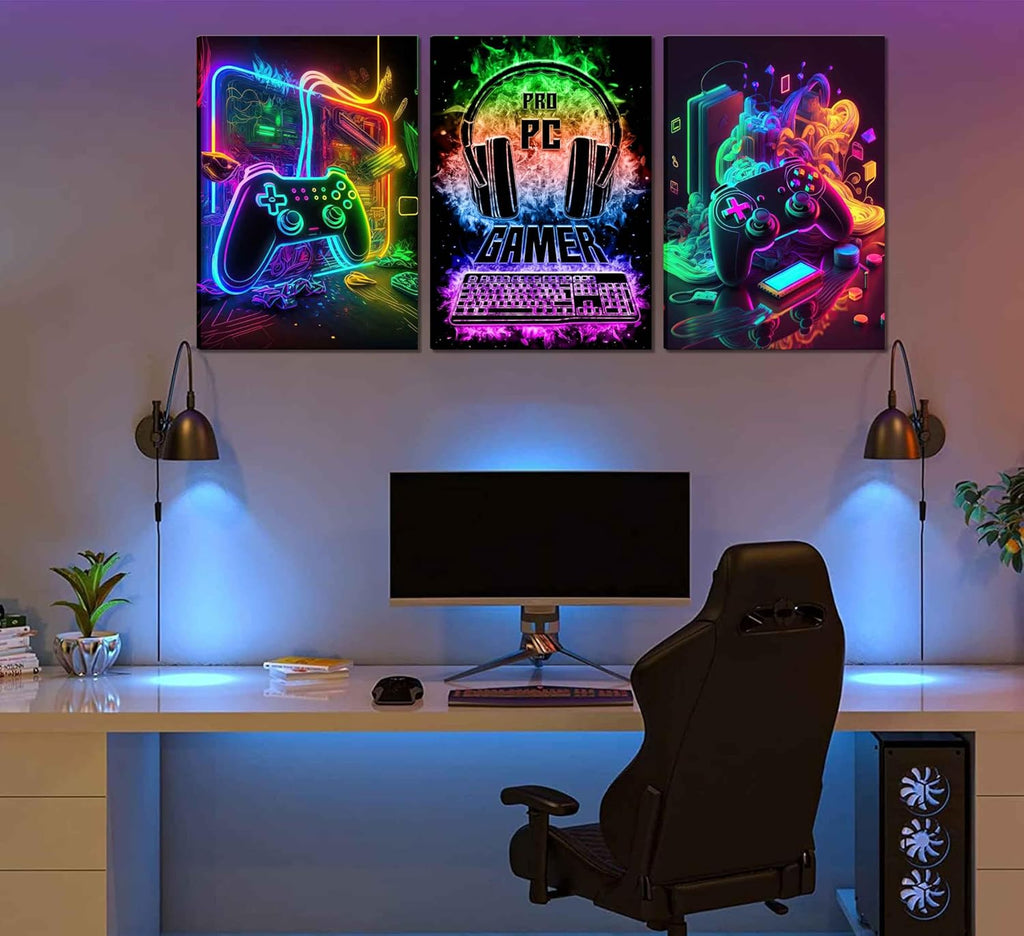 PPV Gaming Wall Art - Retro Video Game Canvas Prints | Colorful Neon Gamepad Posters for Boys' Room 12x16in