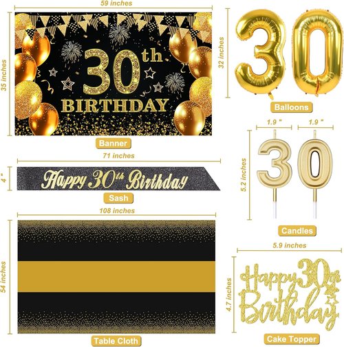 30th Birthday Decorations - Black and Gold Banner, Table Cloth, Balloons, Sash & Cake Topper