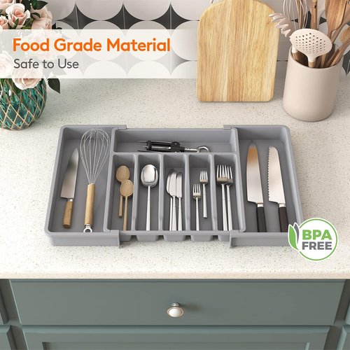 Lifewit Expandable Silverware Drawer Organizer - BPA-Free Utensil Tray for Kitchen | Adjustable 13-22 x 15", Grey