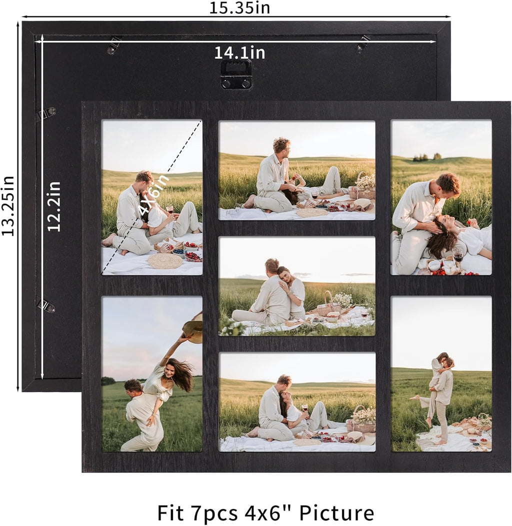 YESKAY 4x6 Picture Frame Collage - Rustic Black Multi-Photo Display with Tempered Glass, 7 Openings