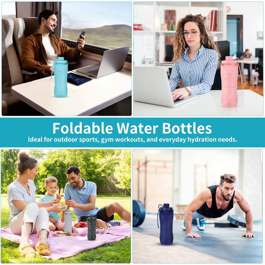 YCTMALL Silicone Collapsible Water Bottles,Lightweight Reusable Leakproof For Traveling Camping Hiking Cycling Sports Outdoor,Foldable Portable Travel Water Bottle 600ML Dark Grey And Purple 2Pack.