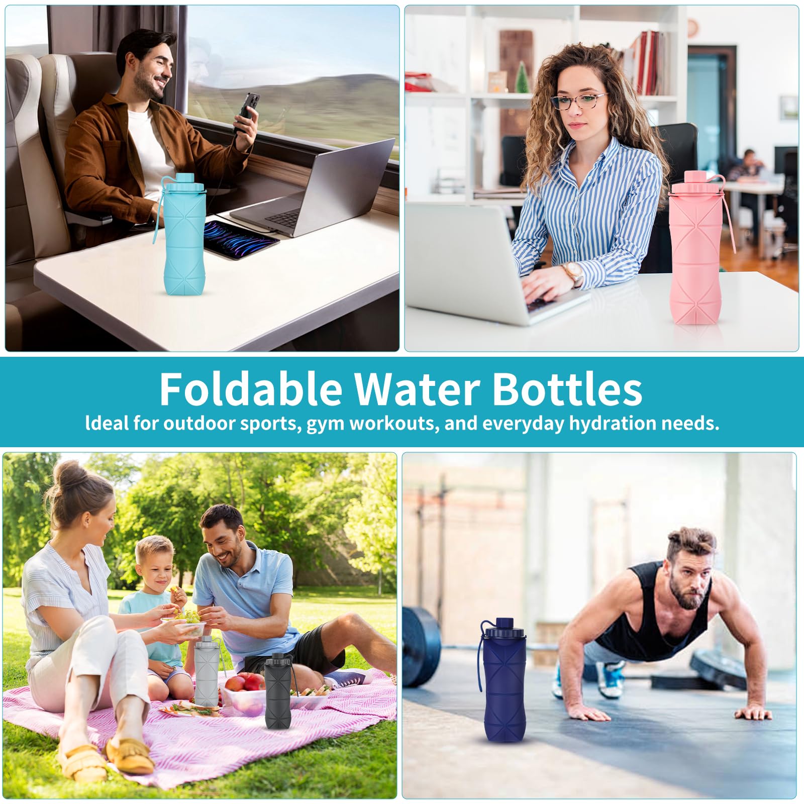 YCTMALL Silicone Collapsible Water Bottles,Lightweight Reusable Leakproof For Traveling Camping Hiking Cycling Sports Outdoor,Foldable Portable Travel Water Bottle 600ML Dark Grey And Purple 2Pack.