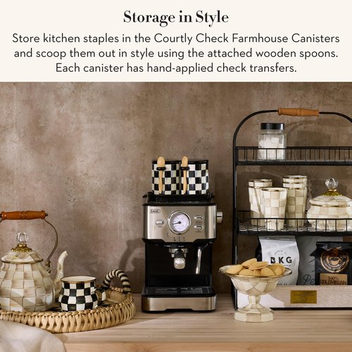 MACKENZIE-CHILDS Set of 2 Farmhouse Canister, Lidded Kitchen Canister with Spoon, Black-and-White Courtly Check