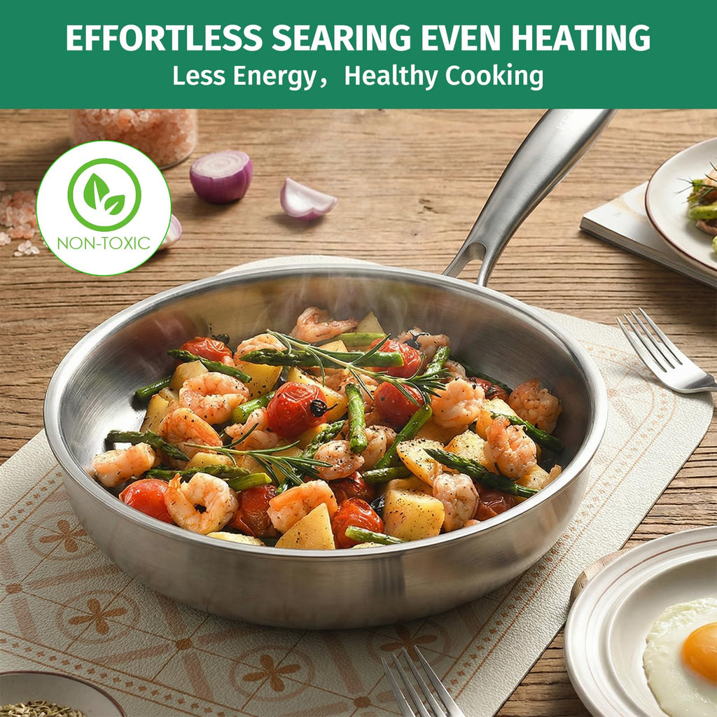 KEGDAN 12 Inch Stainless Steel Pan, 5pcs Tri-Ply Stainless Steel Frying Pan with Lid, Dishwasher & Oven Safe, Induction Cooking Skillets, Fast & Even Heat and Detachable Handle