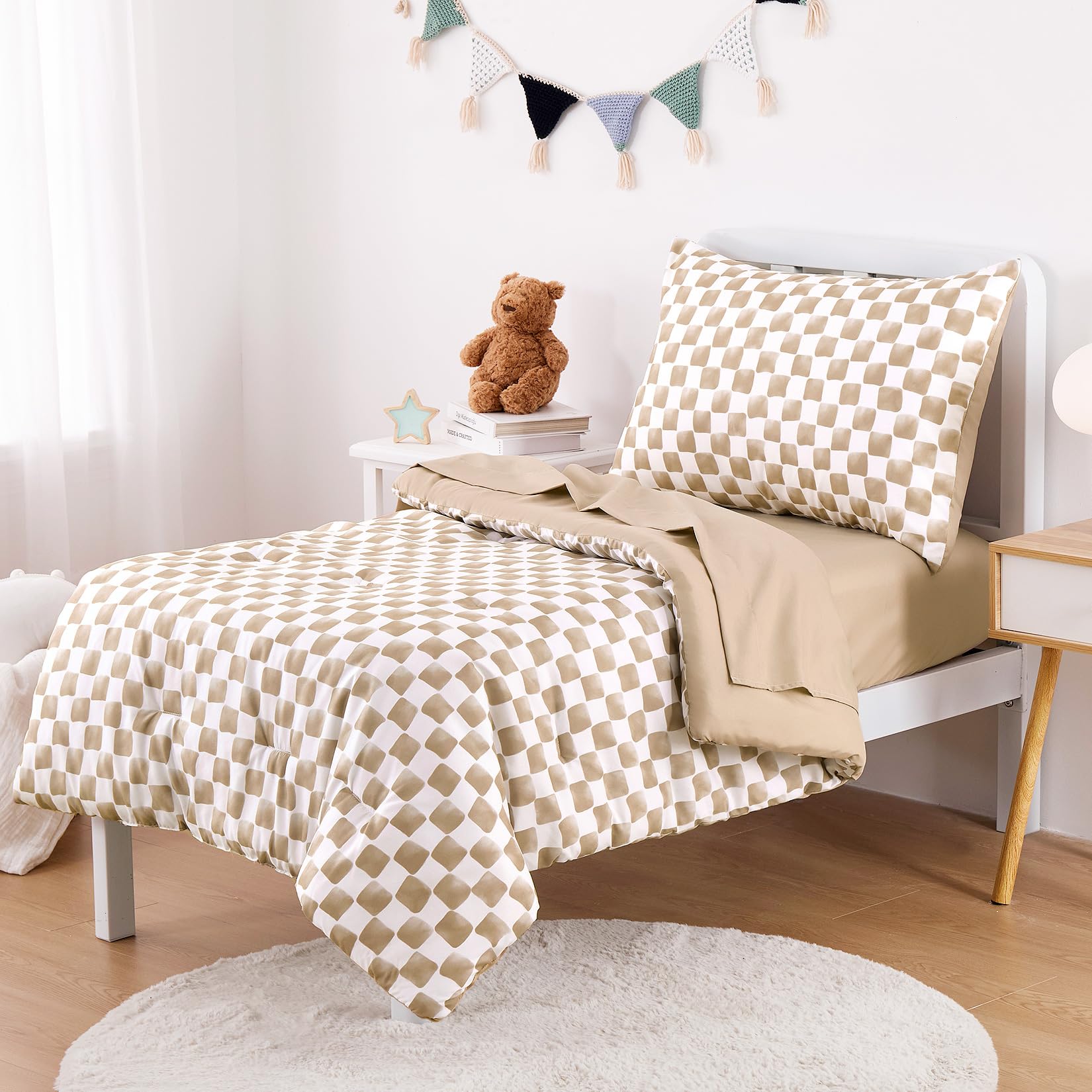 Wake In Cloud - Toddler Bedding Set for Boys Girls, Cute Gingham Grid Checkered, 4 Pieces Soft Crib Bed Set Including Comforter, Sheets and Pillowcase, Brown White