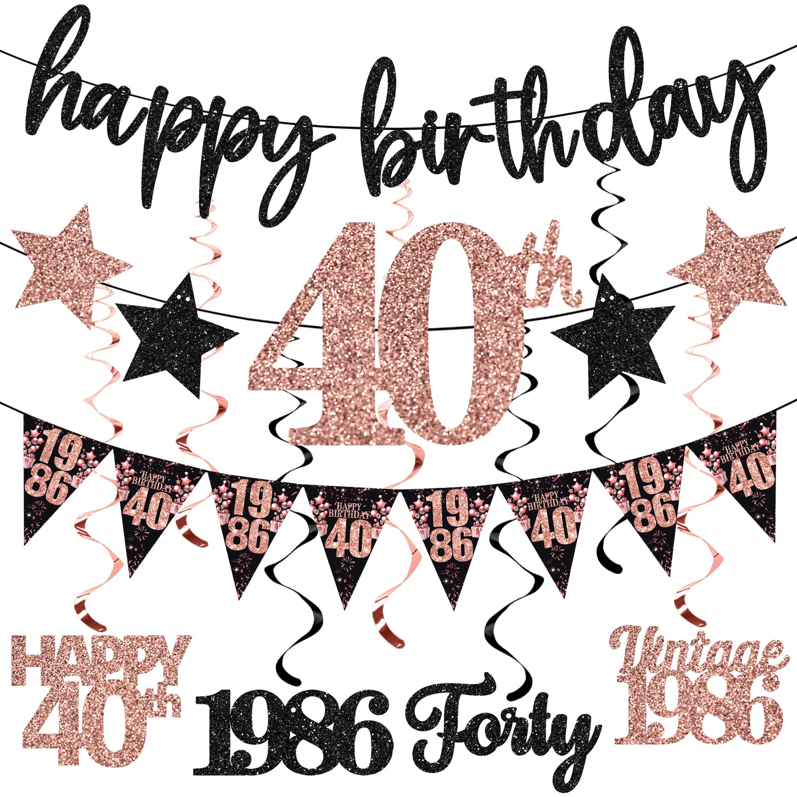 12PCS 40th Birthday Decorations for Women, Rose Gold Vintage 1986 Happy 40th Birthday Banner Triangle Flag Banner Glitter Hanging Swirls Party Supplies, Cheers to 40 Years Old Bday Decor