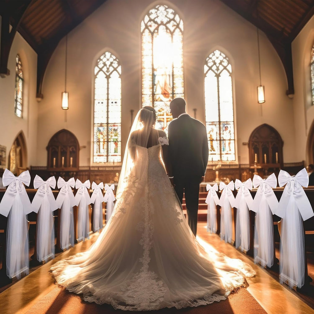 Skiennix Large White Wedding Pew Bows - 12 Pcs Satin Bows with Tulle Aisle Decor | 15.7 x 7.9 in