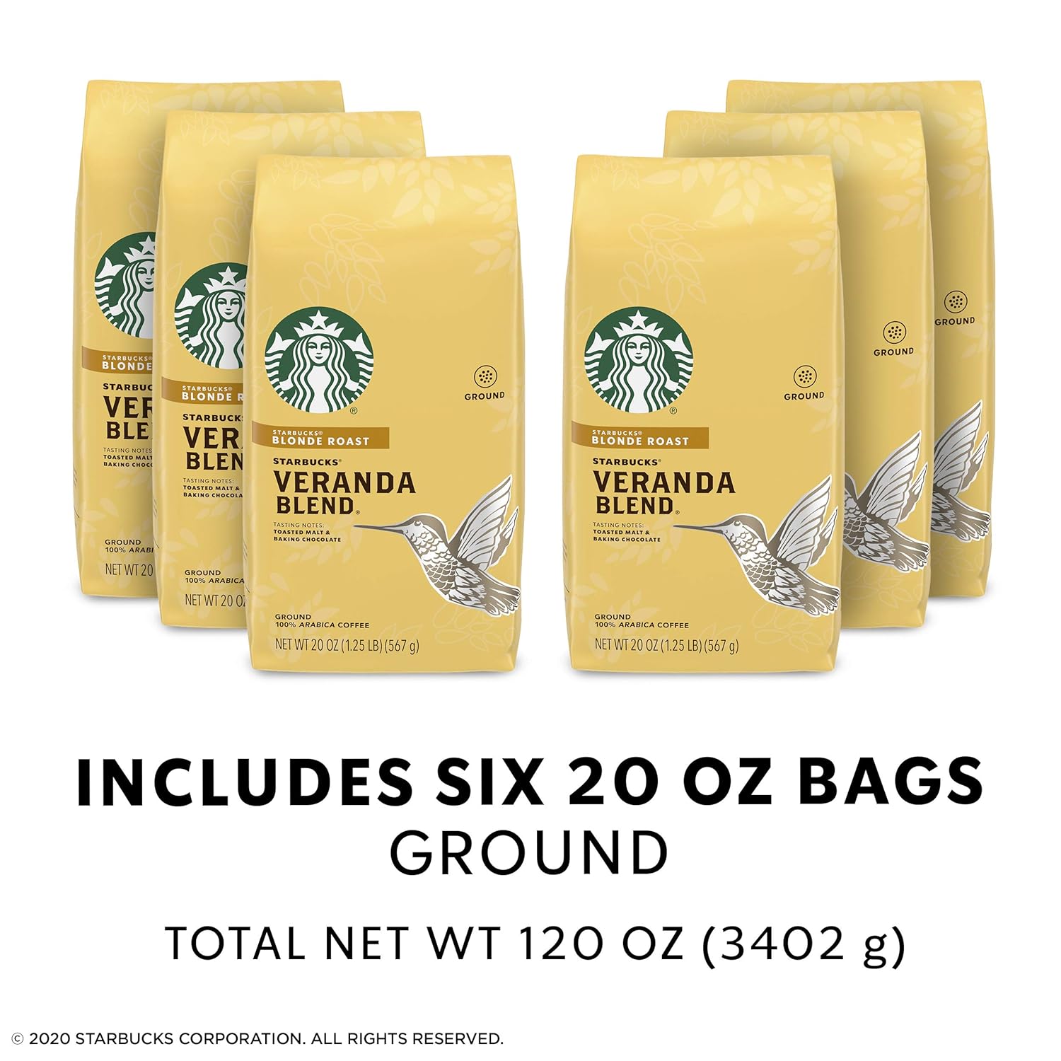 Starbucks Veranda Blend Coffee - Ground, Smooth Flavor, 20-Ounce Bags, Pack of 6