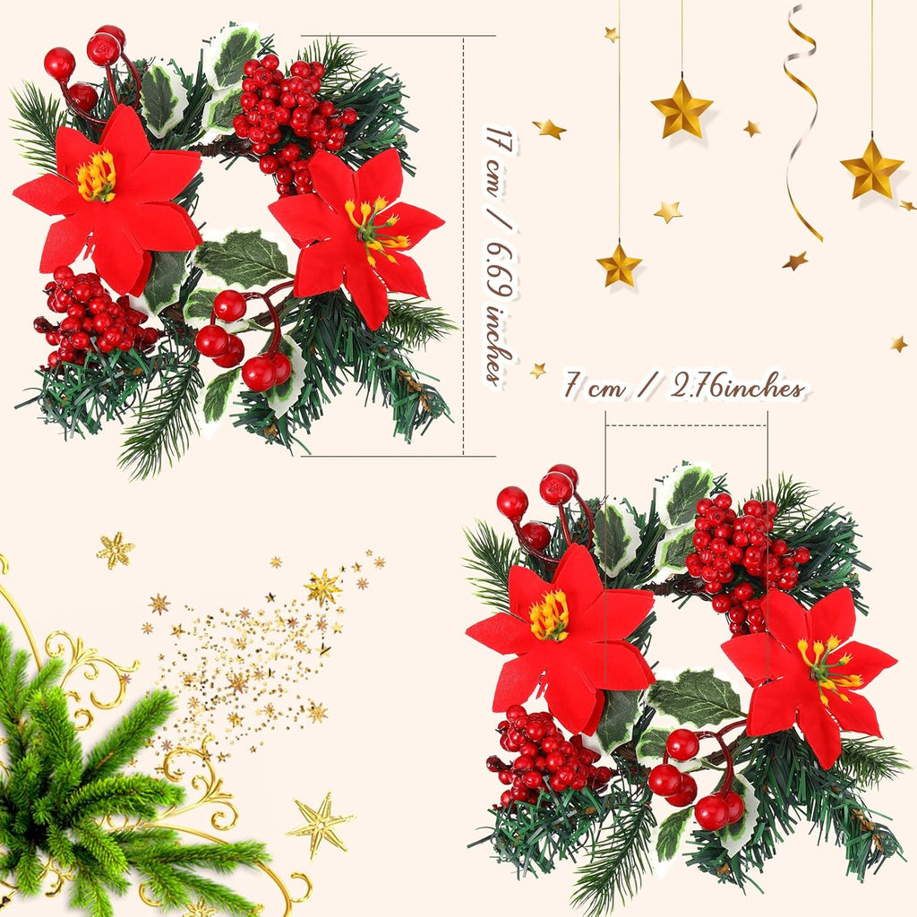 Yilloog Mini Christmas Candle Rings - 8 Sets of Berry & Pinecone Wreaths for Festive Decor | Classic Red Poinsettia