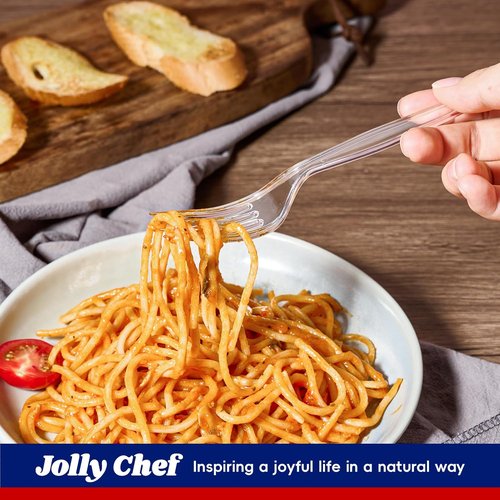 JOLLY CHEF Heavy-Duty Clear Plastic Forks - 300 Count Disposable Utensils for Home & Parties