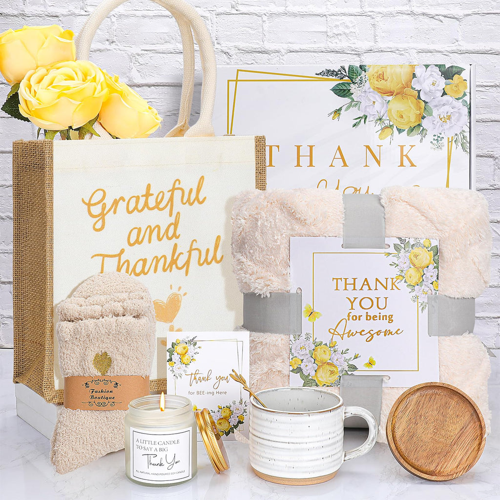 Thank You Gifts for Women ,Appreciation Gift Box with Blanket, Mug with Lid and Spoon, Soy Candle, Fuzzy Socks, Tote Bag, Card ,Boss, Birthday, Nurse, Teacher, Coworker, Mom, Best Friend