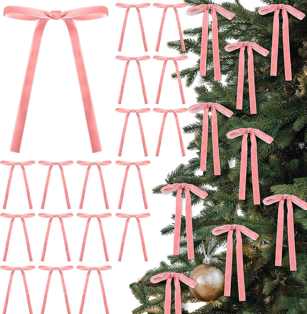 Skiennix 24 Pcs Velvet Bows - Vintage Ribbon Bows for Christmas Tree & Crafts | Dusty Pink, 5 x 7 Inch