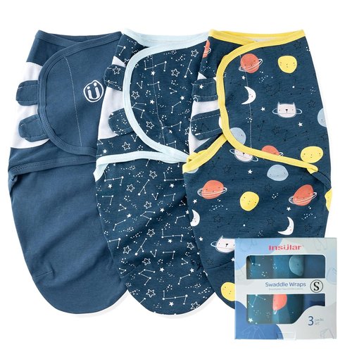 Insular Baby Swaddle Wrap - Adjustable Swaddling Blanket Set for Newborns | Soft Cotton, 3 Pack, Space, Small (0-3 Months)