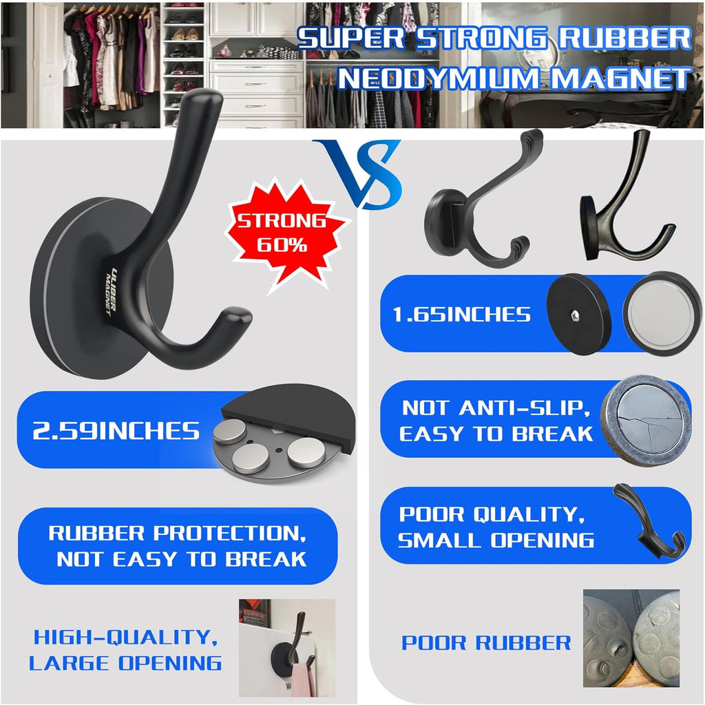 ULIBERMAGNET Heavy Duty Magnetic Double Hooks - Sturdy Rubber Coated Hooks for Coats, Towels & Keys (Black)