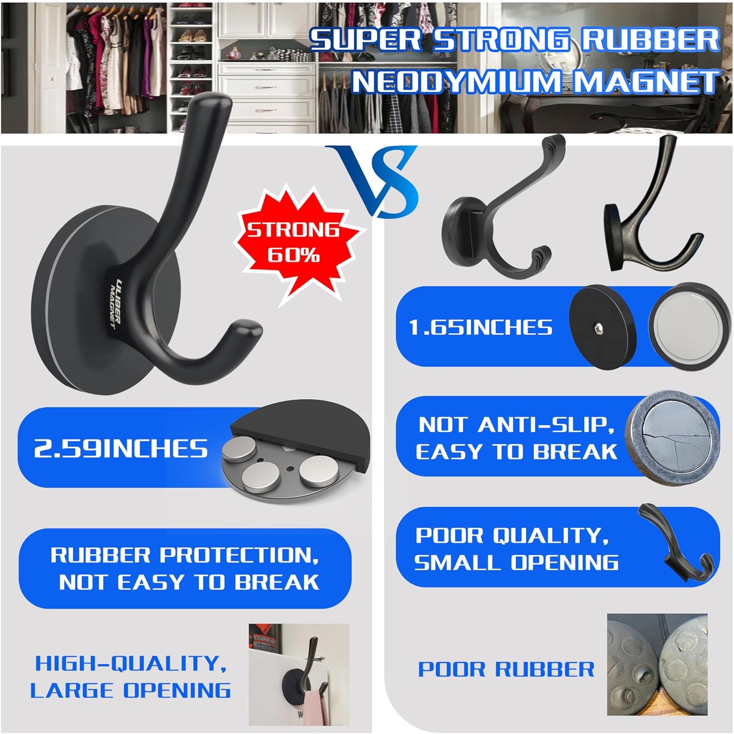 ULIBERMAGNET Heavy Duty Magnetic Double Hooks - Sturdy Rubber Coated Hooks for Coats, Towels & Keys (Black)