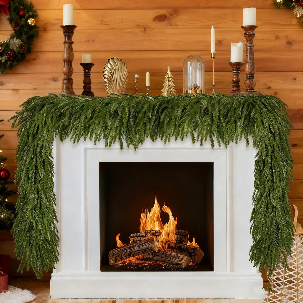 2Pcs 6FT Artificial Norfolk Pine Garlands, Real Touch Winter Christmas Pine Tree Wreath, Green Artificial Greenery Garland for Christmas Holiday Seasonal Indoor Home Decor Mantle