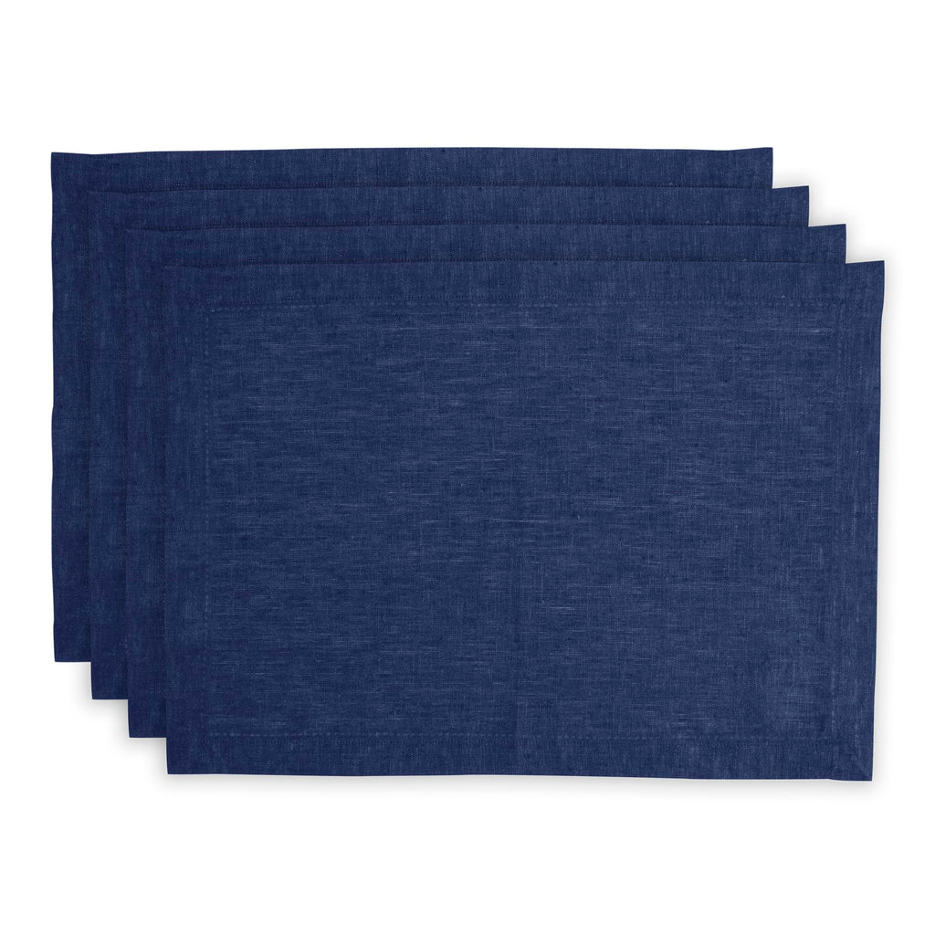 Solino Home Linen Cloth Placemats Set of 4-100% Pure Linen Hemstitch Chambray Navy Placemats 14 x 19 Inch - Milan Hemstitch Table Place Mats for Mothers Day, Memorial Day