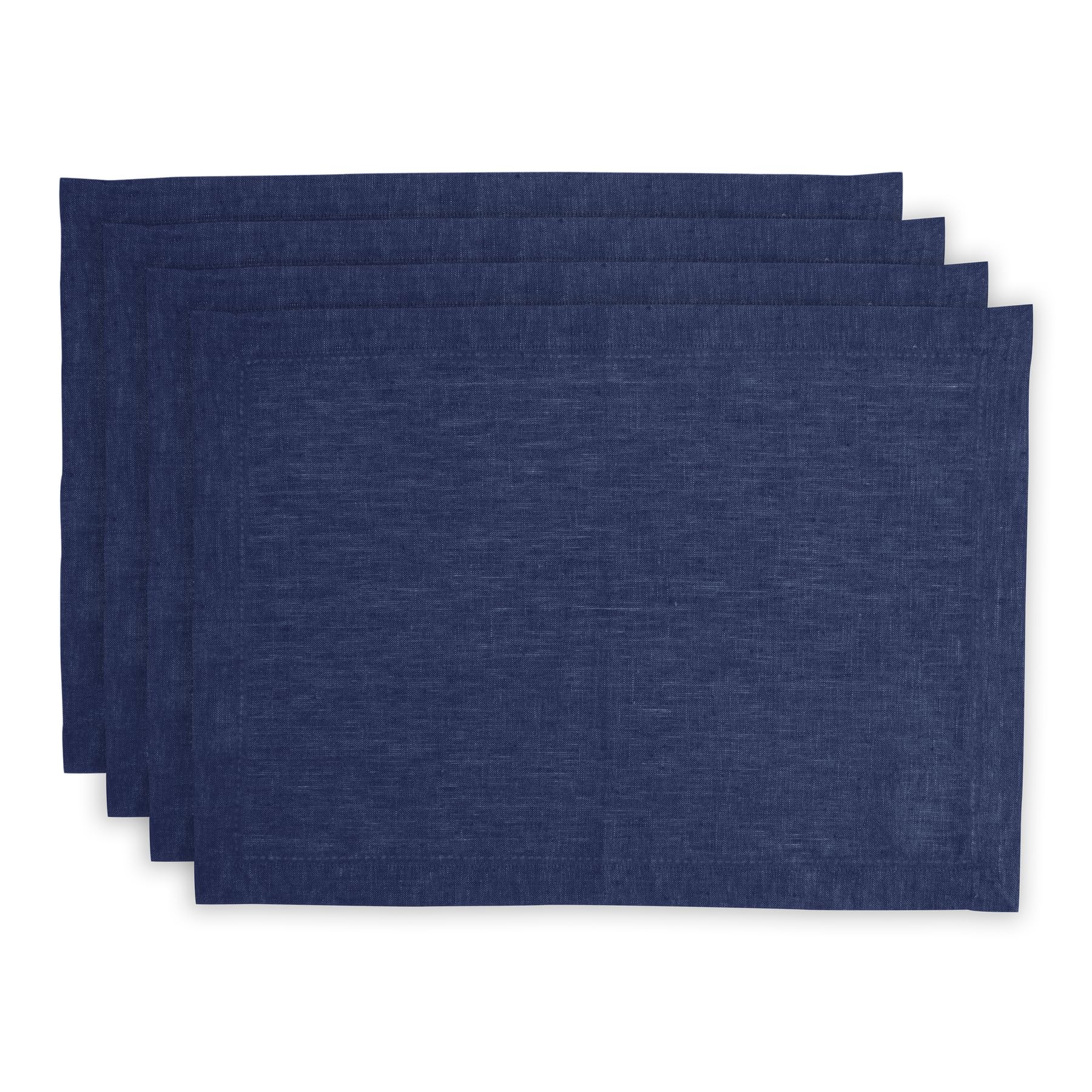 Solino Home Linen Cloth Placemats Set of 4-100% Pure Linen Hemstitch Chambray Navy Placemats 14 x 19 Inch - Milan Hemstitch Table Place Mats for Mothers Day, Memorial Day