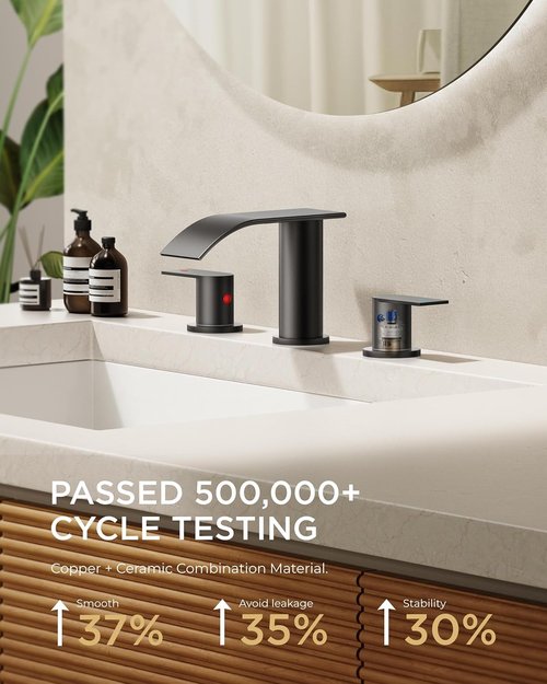 FORIOUS Black Square Bathroom Faucet - Waterfall Design with Metal Pop-Up Drain & Supply Lines | 3 Hole, Two Handles