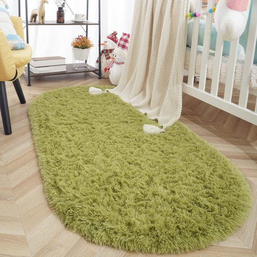 ISEAU Oval Fluffy Rug Carpets, Modern Plush Shaggy Area Rugs for Kids Bedroom Extra Comfy Cute Nursery Mat Bedside Rug for Boys Girls Room Home Decor Mats, 2.6 x 5.3ft, Green
