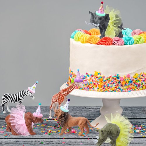 Weysat 27 Pcs Jungle Animal Cake Topper Animals Figures Birthday Party Decorations with Mini Hat with Pom Poms Jungle Toppers Decoration with Mini Skirt and Hat for Wild Animals Themed Party