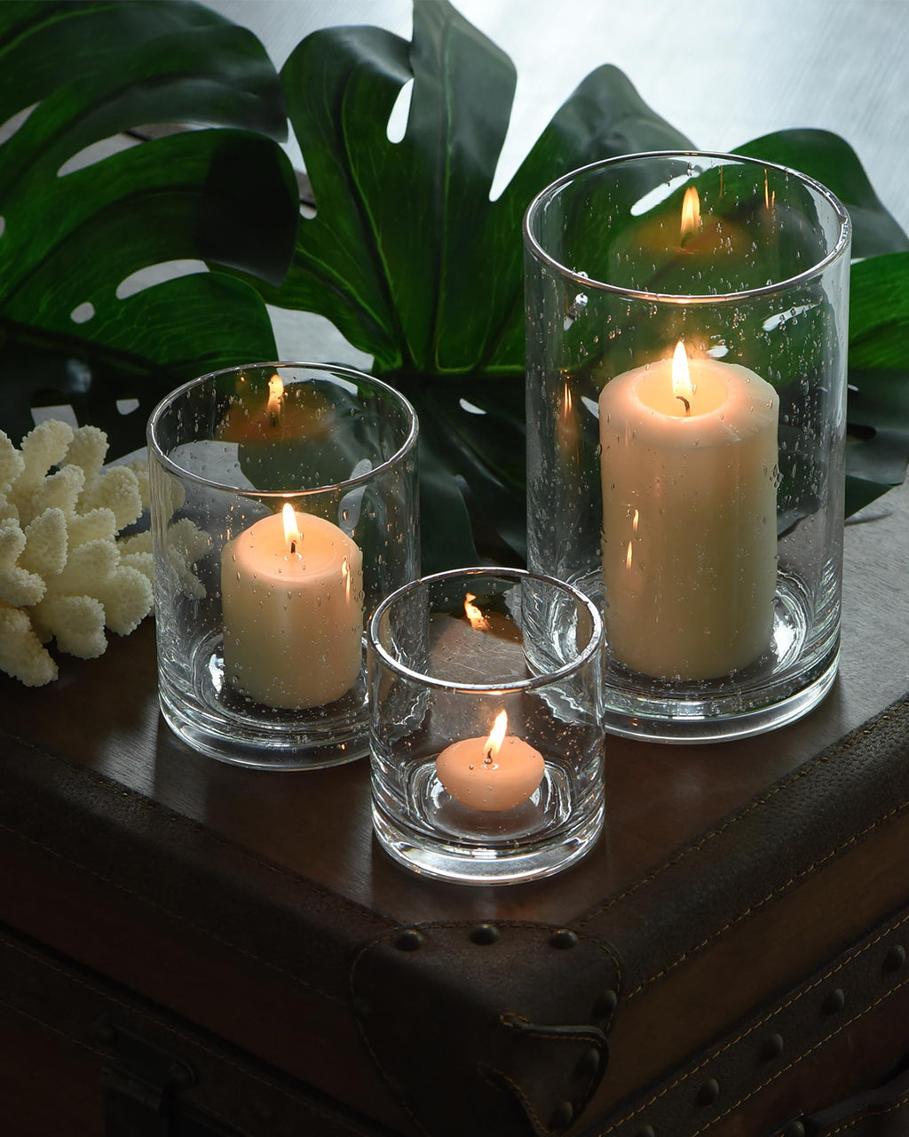 ARIAMOTION Glass Candle Holders Set, Hurricane Vase Centerpieces for Pillar Votive Flower,Clear Seeded Bubbles Cylinder Bulk, Mother's Day Birthday Gift,3 Sizes 8 Inch 5 Inch 3.5 Inch Height