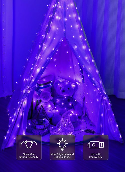 Brightown 300 LED Purple Fairy Curtain Lights - 9.8ft x 9.8ft String Lights with Remote & 8 Modes for Indoor/Outdoor Use