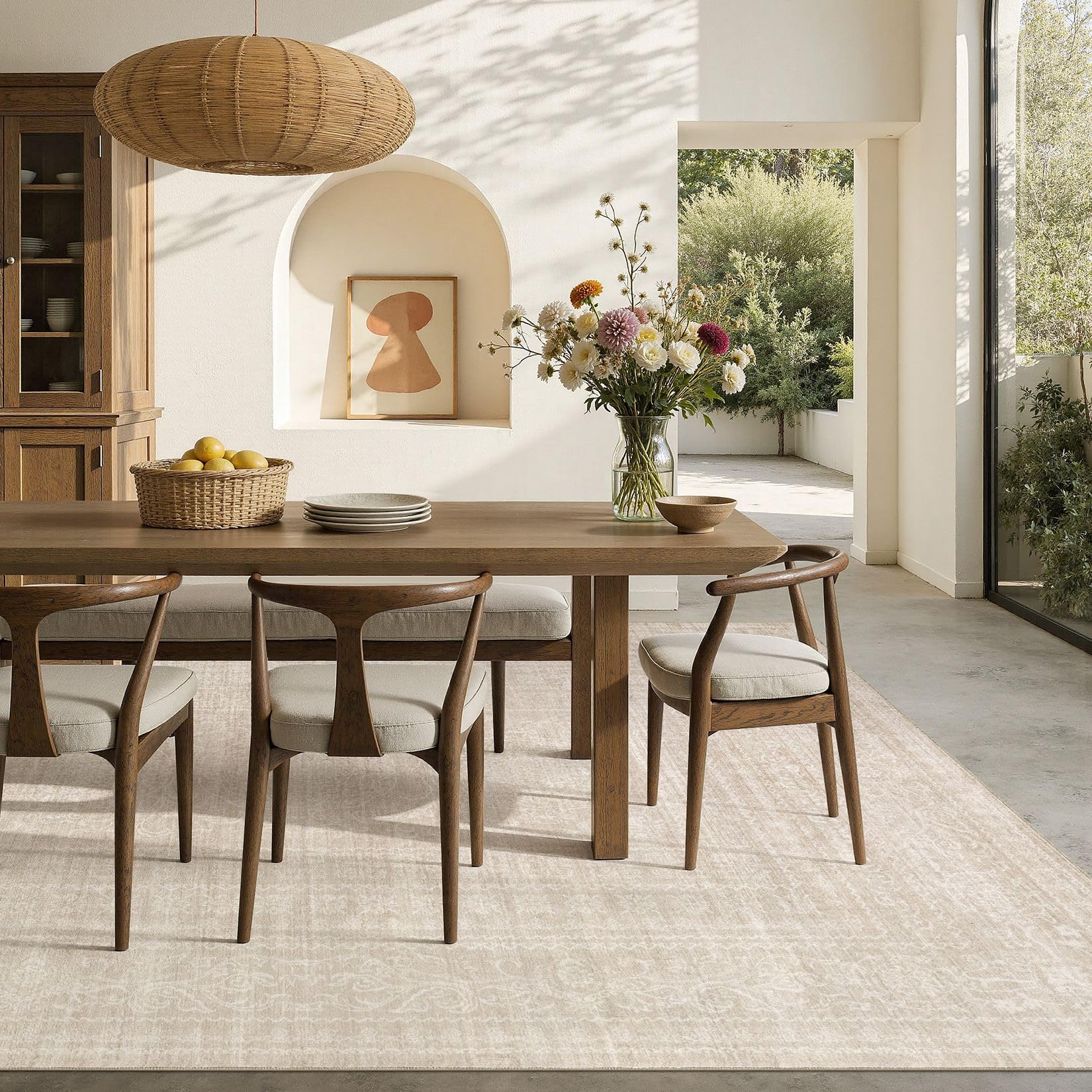 Nakagishi 5x7 Area Rugs Living Room: Washable Large Vintage Beige Rug Neutral Non-Slip Soft Stain Resistant Indoor Carpet for Bedroom Nursery Dining Room Under Table Bed Home House Office Playroom