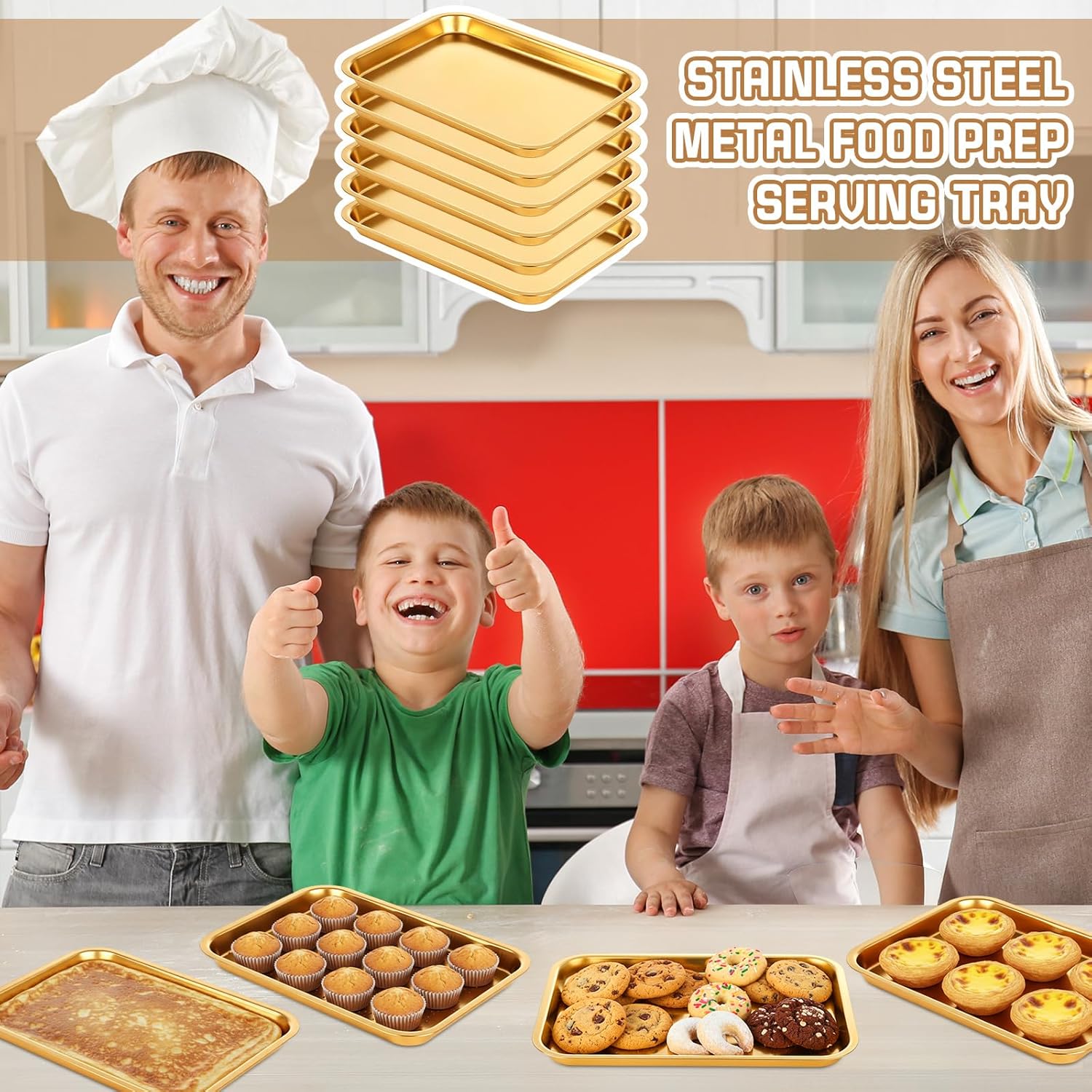 Skiennix Gold Baking Sheets - 6 Pcs Stainless Steel Cookie Tray | Rust-Free, Easy Clean, Dishwasher Safe, 7.5 x 5.5 Inch