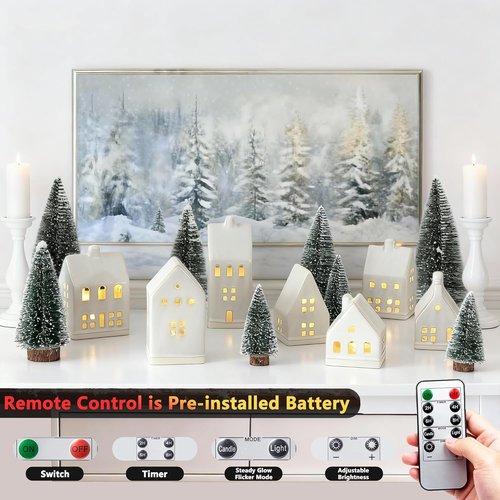 Christmas Village Set - 7 White Ceramic Houses with Remote LED Tea Lights & 8 Mini Trees | Farmhouse Holiday Decor
