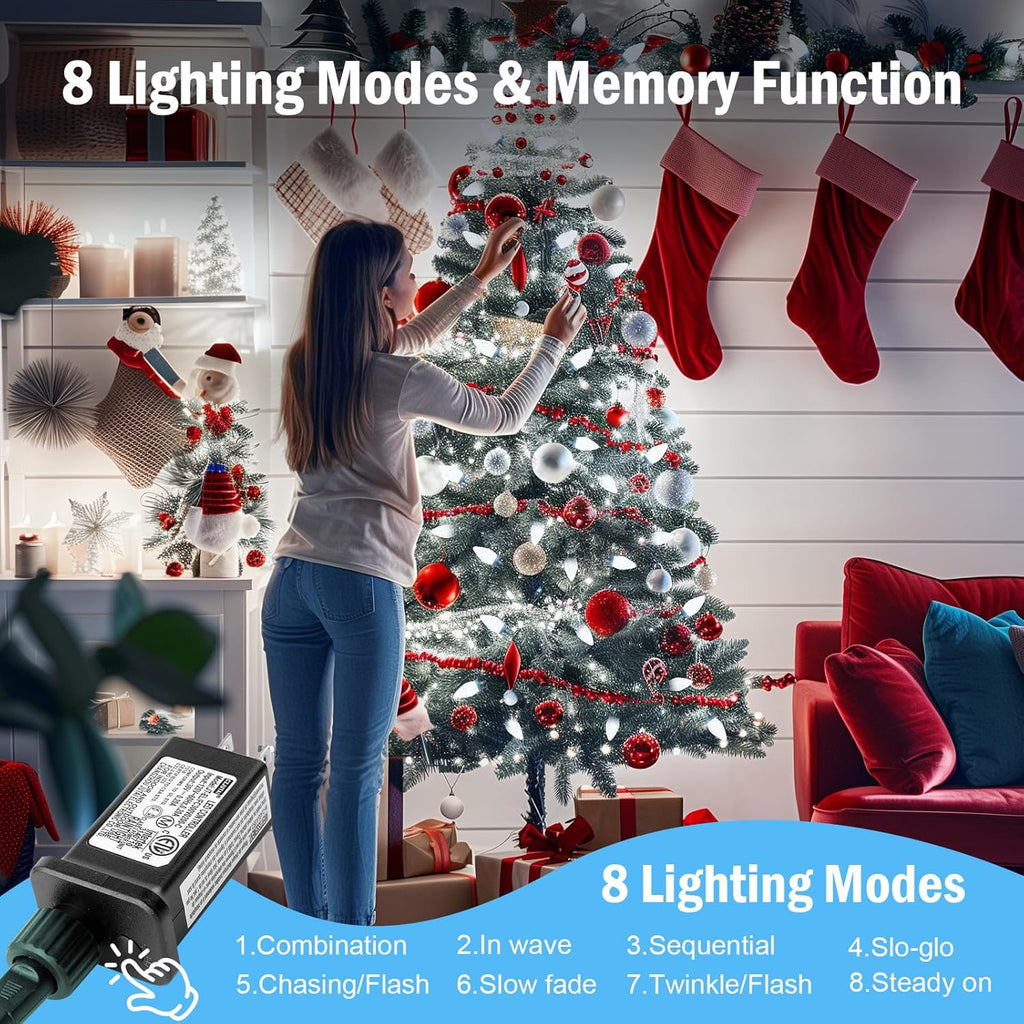 Minetom C9 LED Christmas Lights - 81FT Waterproof String Lights with Timer & 8 Modes | Cool White