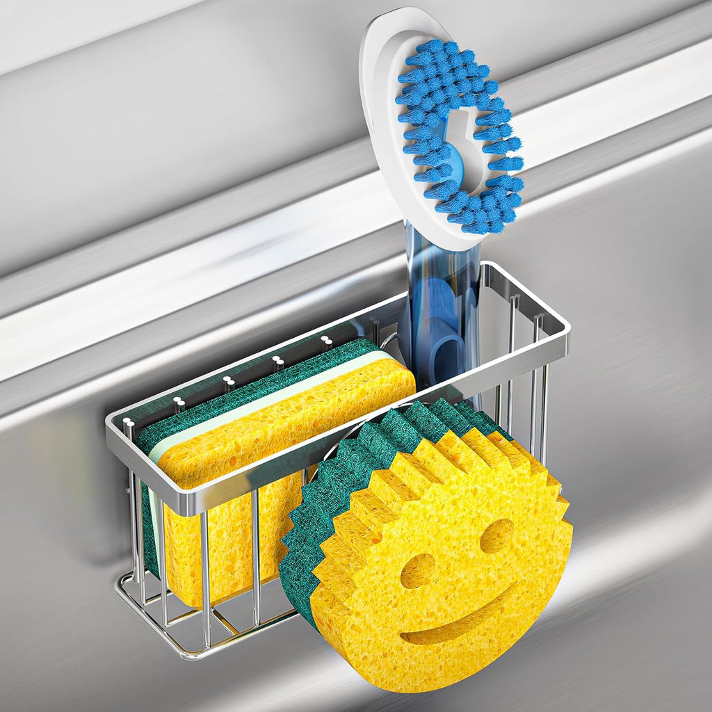 MURLONG Sponge Holder - Smiley Face Sink Caddy with 2 Suction Cups & Adhesive Strips | Silver