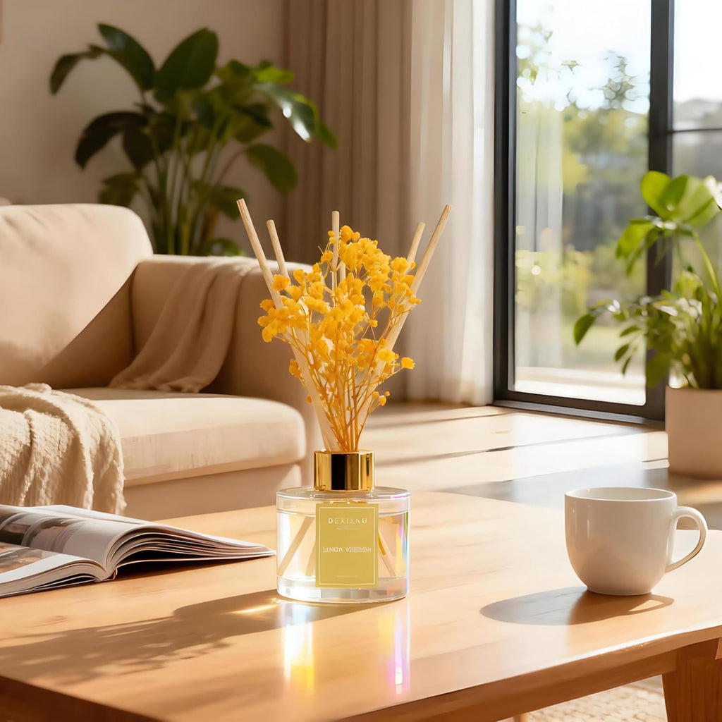 Reed Diffuser Set - Premium Lemon Verbena Scented Oil with Baby's Breath & Cotton Sticks | Long-Lasting Aromatherapy for Home Decor